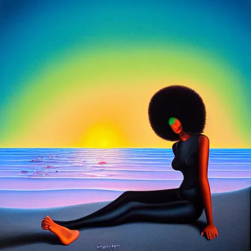 Prompt: a black woman relaxing on a black sand beach at sunset, bioluminescent plankton by justin bua and evgeni gordiets in a surreal style, oil on canvas