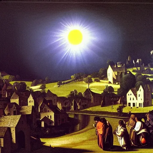 Image similar to dark solar eclipse, above a village, highly detailed, studio 4 k quality, by caravaggio