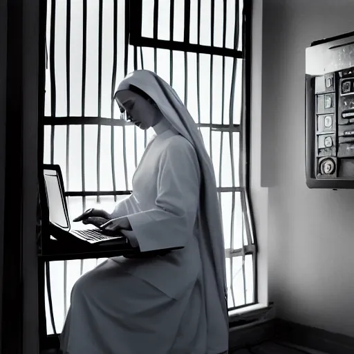 Image similar to award - winning photograph of a nun hunched over a computer while she hacks into the mainframe. the nun's face is beautiful and detailed