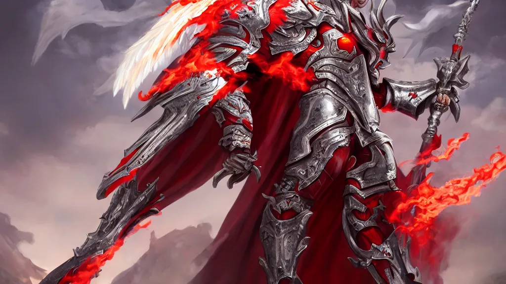 Image similar to male angel flying over hell, flame sword, white metallic armor, red cape, detailed arms, intricate white armor, two arms, two legs, detailed fanart, rpg art, d&d art, macro art, digital art, DeviantArt, artstation, 8k HD