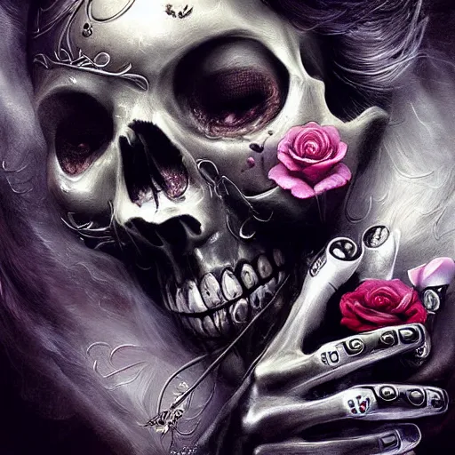 colorful skull in black roses and silver bullets by | Stable Diffusion