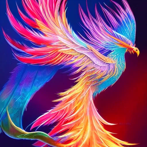 Image similar to cute flying chinese phoenix, sparkling bird eyes, embers in her bird eyes, shining rainbow feathers, sharp features, flowing fiery multicolor feathers, highly detailed, digital painting, artstation, concept art, smooth, sharp focus, beautiful rainbow feathers, expressive eyes, illustration, phoenix art by Artgerm and greg rutkowski