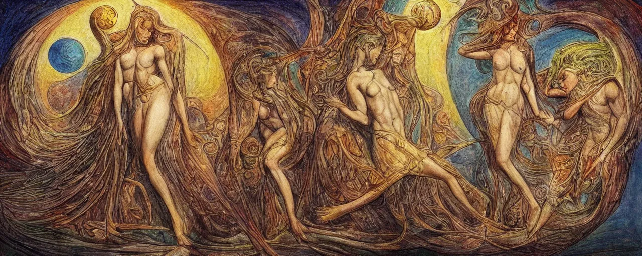 Image similar to most beautiful ashwood riddle, phase of earthly amber nile in the style of william blake, terese nielsen, detailed, intricate, steve argyle, pastoral fantastic reality