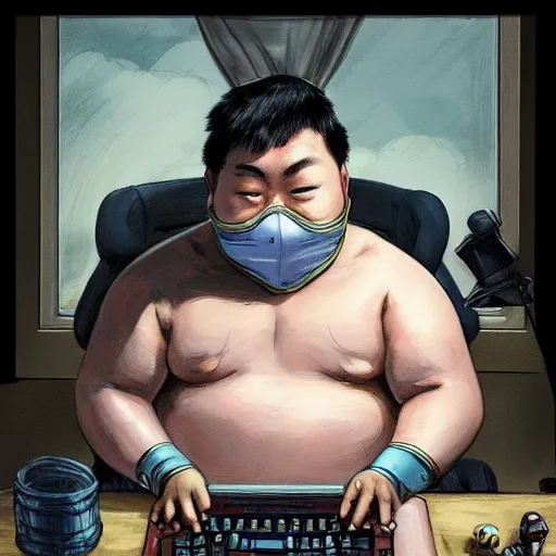 Image similar to an insanely detailed painting of a chubby asian man wearing a homemade superhero costume and mask, sitting at a computer desk typing on the keyboard, in the style of peter mohrbacher, dramatic lighting and composition, trending on artstation, concept art, comic book, graphic novel, back view