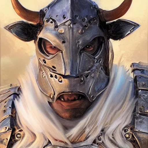 Image similar to cow warrior as a realistic fantasy knight, closeup portrait art by donato giancola and greg rutkowski, realistic face, digital art, trending on artstation, symmetry!!