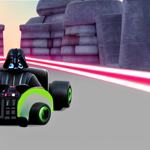 Image similar to still image of darth vader driving in mario kart tour deluxe race, unreal engine, octane