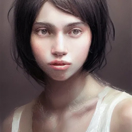 Image similar to portrait of a girl by greg rutkowski, she is about 2 0 years old, mixture between russian and japanese, prettt, black bob hair with two strands around her face, wearing a tank top and a oversized jumper overall, highly detailed portrait, digital painting, artstation, concept art, smooth, sharp foccus ilustration, artstation hq