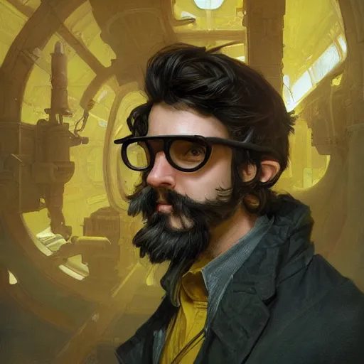 Prompt: an inventor, goggles, thin beard, messy black hair, d & d, solid yellow background, fantasy, intricate, cinematic lighting, highly detailed, digital painting, artstation, concept art, smooth, sharp focus, illustration, art by artgerm and greg rutkowski and alphonse mucha