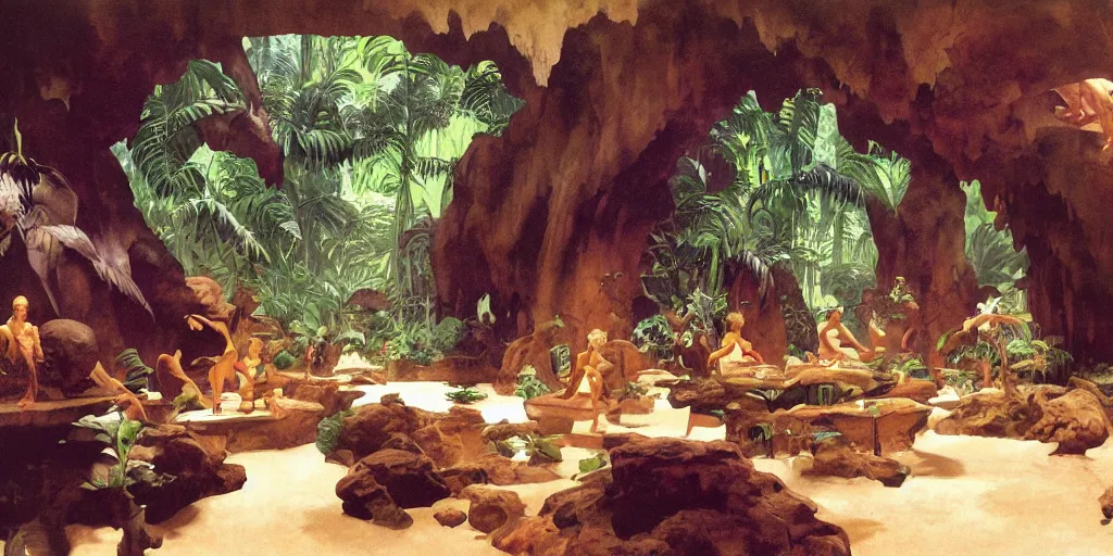 Image similar to a tropical cave that renovate as a luxury interior by syd mead, frank frazetta, ken kelly, simon bisley, richard corben, william - adolphe bouguereau