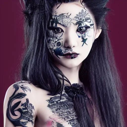 Image similar to japanese gothic model with maximalist hair style and kanji tattoos, dark colors, fashion model, portrait shot, depth of field, 8 k, hyper detailed, intricate, trending on artstation