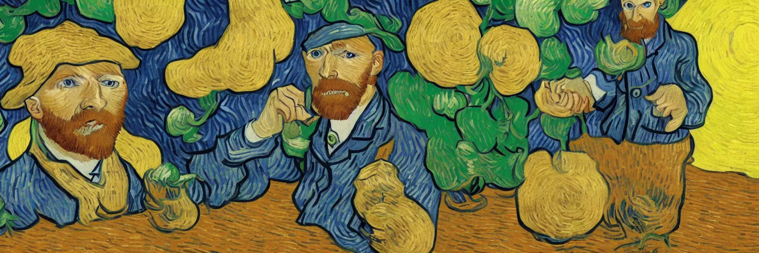 Image similar to vincent van gogh de aardappeleters as super hero