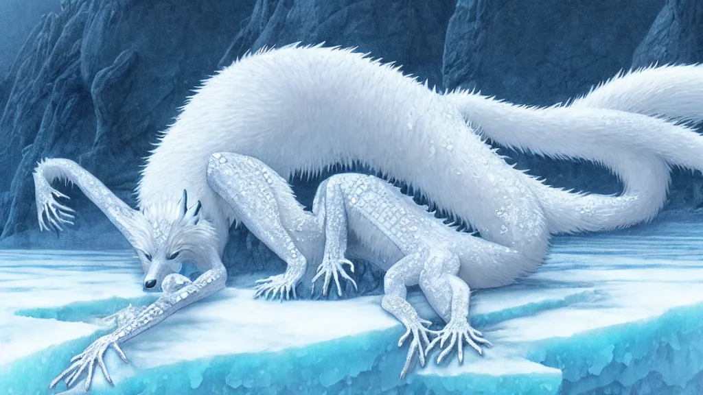 Image similar to white - haired anime fox lizard frozen in an ice floe, intricate, highly detailed, smooth, wide shot, artstation, digital illustration by wayne barlowe