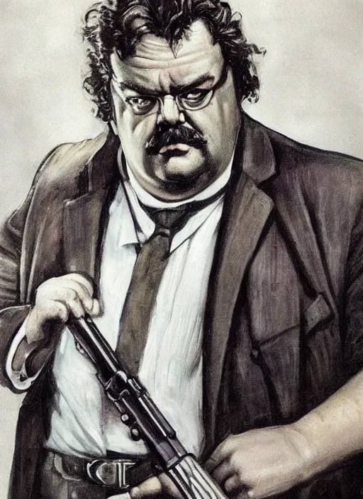 Image similar to gk chesterton as a buff action hero with muscles and a shotgun. portrait by james gurney. realistic face. awesome.