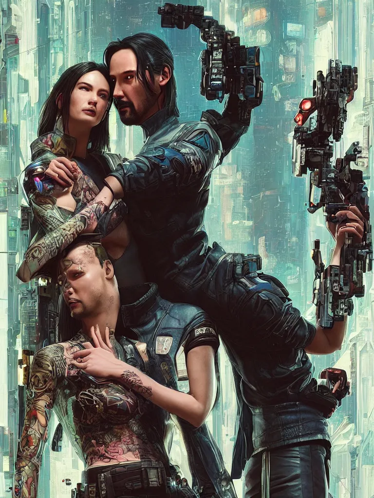 Image similar to a cyberpunk 2077 srcreenshot wedding couple portrait of Keanu Reeves and female android final kiss,love,film lighting,by Laurie Greasley,Lawrence Alma-Tadema,Dan Mumford,John Wick,Speed,Replicas,artstation,deviantart,FAN ART,full of color,Digital painting,face enhance,highly detailed,8K,octane,golden ratio,cinematic lighting