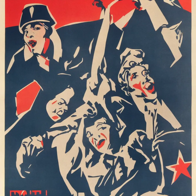 Image similar to soviet propaganda poster with cate blanchett calling on the world community to fight against Nazism, Ultra Detailed, high resolution, soviet realism