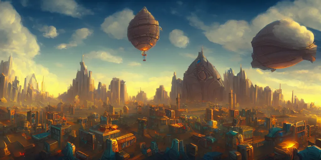 Image similar to a city in the style of piltover from arcane, blimps in the sky, blue skies, soft clouds, trending on artstation