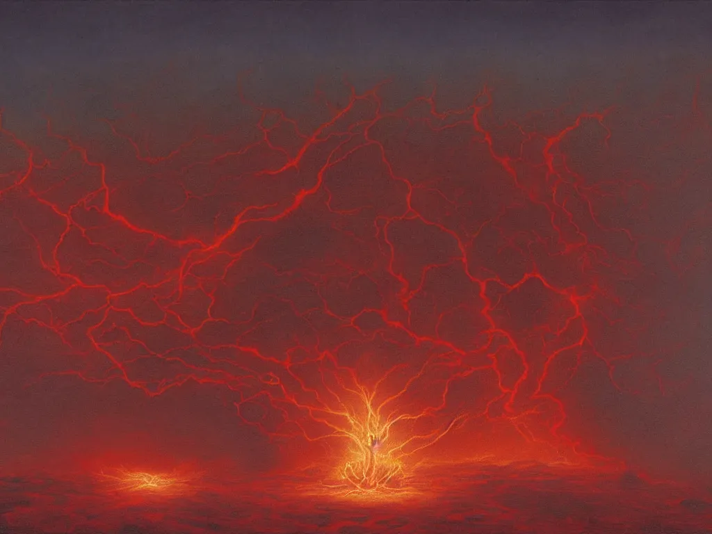 Image similar to a cosmic horror atop a fiery landscape, red lightning, highly detailed, by Zdzisław Beksiński, 4K