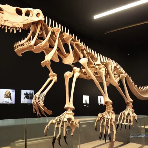 Image similar to the skeleton of a dachshund tyrannosaurus rex in a museum. Tourists are looking