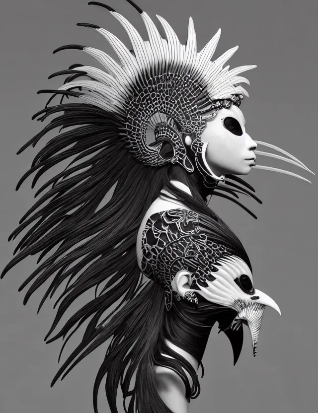 Image similar to 3 d goddess close - up profile simple portrait punk with mohawk with goat skull. beautiful intricately detailed japanese crow kitsune mask and clasical japanese kimono. betta fish, jellyfish phoenix, bio luminescent, plasma, ice, water, wind, creature, artwork by tooth wu and wlop and beeple and greg rutkowski