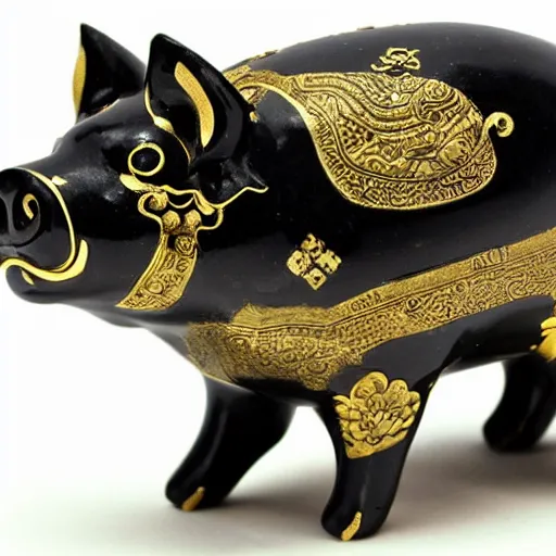 Prompt: chinese pig black and gold figurine