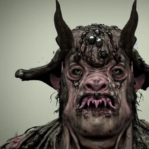 Image similar to hideous, grotesque, ominous, creepy, mangled, decaying, undead, slimy, wet, mucous covered, evil, satanic, tribal, pagan, blind sorcerer, pig faced, boar - man. 8 k resolution concept art, photorealistic, hyperdetailed, hyperrealism, weta workshop. octane render.