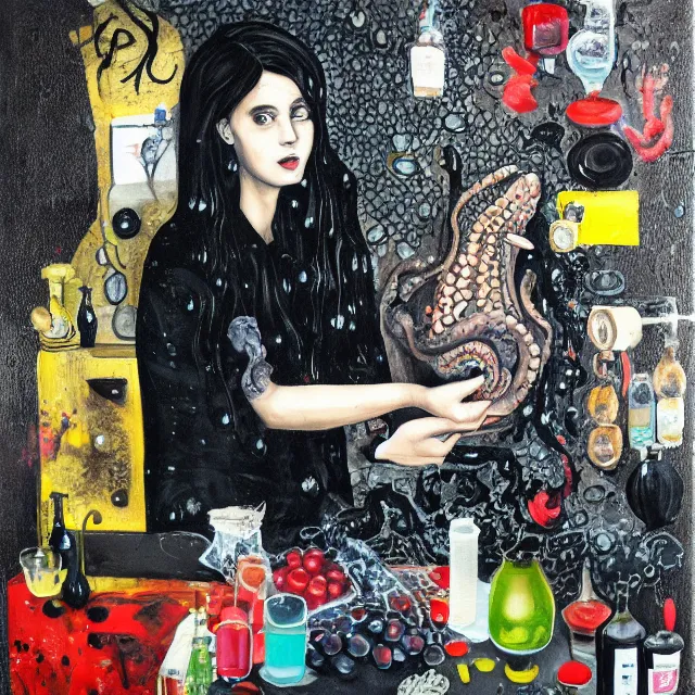 Prompt: a dark apartment with black walls, portrait of female art student holding an octopus, berries dripping juice, pomegranate, jellyfish, seaweed, berries, trash, starfish, coral, rocks, seaweed, empty pet bottles, scientific glassware, neo - expressionism, surrealism, acrylic and spray paint and oilstick on canvas