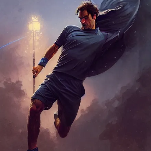 Image similar to roger federer as a hero, picture by greg rutkowski, dynamic pose, intricate, futuristic, fantasy, elegant, by stanley artgerm lau, greg rutkowski, thomas kindkade, alphonse mucha, loish, norman rockwell,