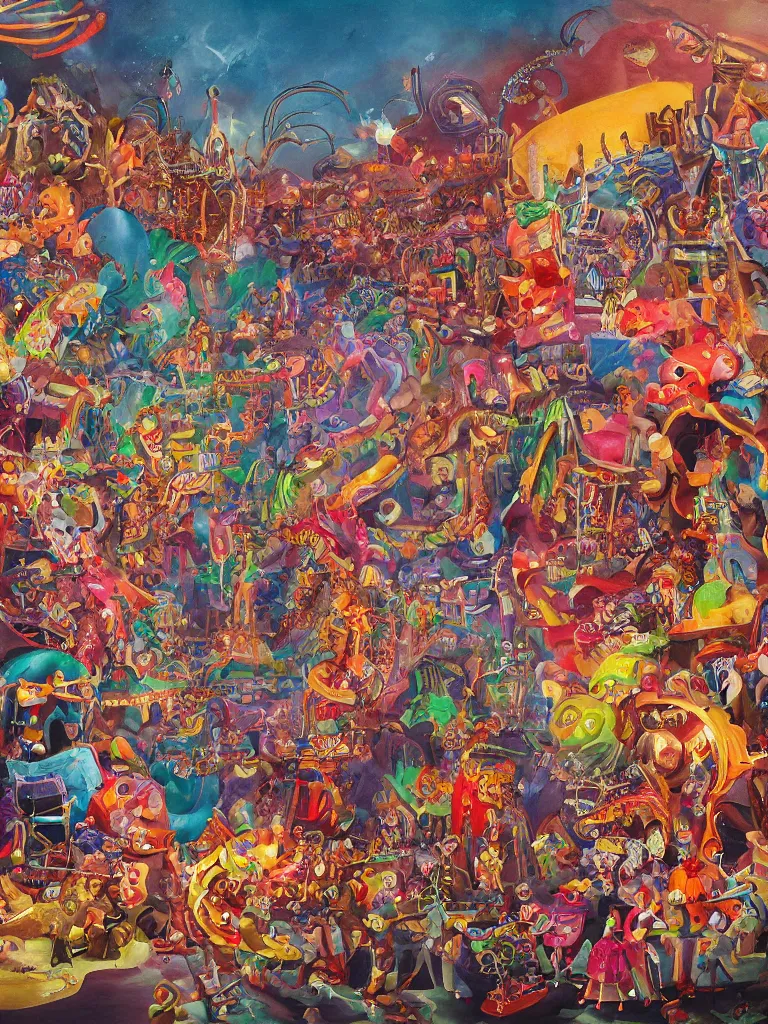 Prompt: a beautiful painting of a glitched monster carnival with an explosion of primitive shapes, by jonas burgert, fallas party figures