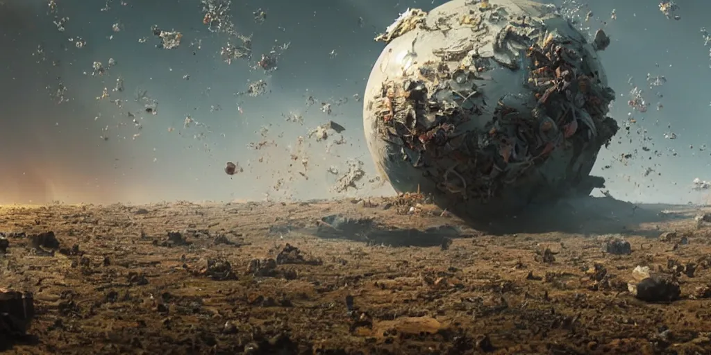 Image similar to shot from a distance of 2 5 0 million miles. a highly accurate depiction of earth slowly broken open, exploding, and pieces are floating apart. the earth is being attacked by an unbelievably huge sentient space florida crab descendants. dramatic lighting, highly coherent, highly detailed, epic, digital art, valerian, silent running, fifth element, octane 3 d render.