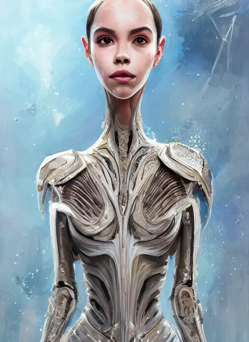 Image similar to a professional painting of a beautiful young female alien, clothed in ethereal armor, olive skin, long dark hair, beautiful bone structure, symmetrical facial features, intricate, elegant, digital painting, concept art, smooth, sharp focus, illustration, from Valerian and the City of a Thousand Planets, by Ruan Jia and Mandy Jurgens and Artgerm and William-Adolphe Bouguerea