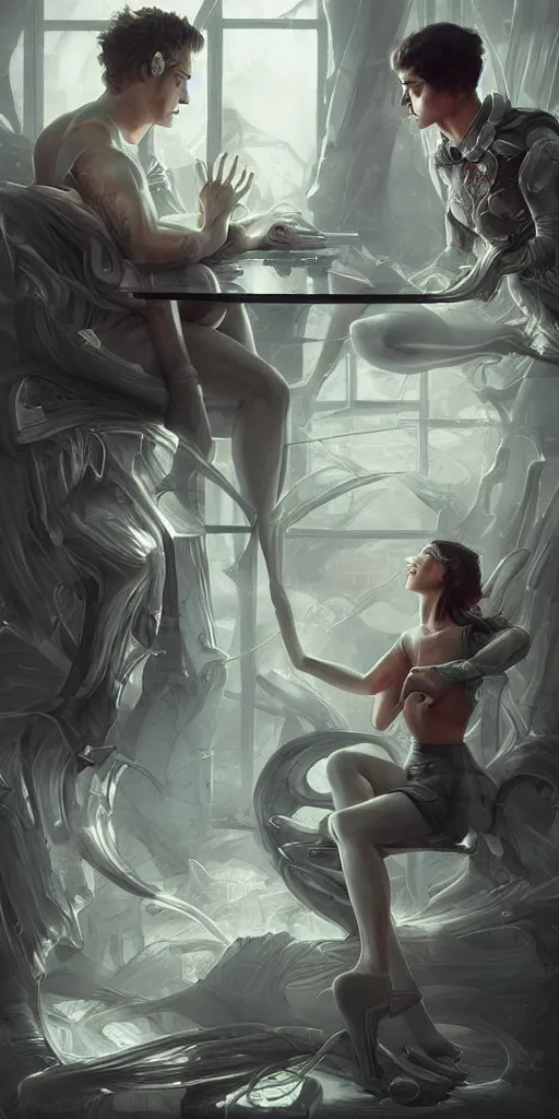 Image similar to sad couple in a futuristic home office, painted by artgerm and tom bagshaw, in the style of magic the gathering, intricate, highly detailed digital art