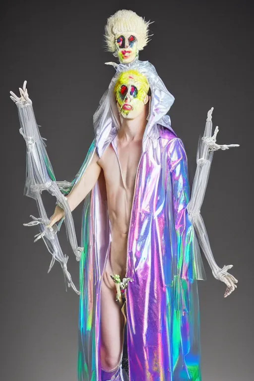 Image similar to full-body photo rococo and cyberpunk delicate neon crystalline sculpture of ((muscular slender albino Italian Prince)) (((con la piroca dura))) as a dark iridescent humanoid deity wearing a thin see-through ((plastic hooded cloak)) sim roupa (holding a human skull), reclining con (((las piernas abiertas))), glowing pink face, crown of (white lasers), large diamonds, swirling black silk fabric. futuristic elements. oozing glowing liquid, full-length view. space robots. intricate artwork by caravaggio. Trending on artstation, octane render, cinematic lighting from the right, hyper realism, photo realistic, octane render, 8k, depth of field, 3D