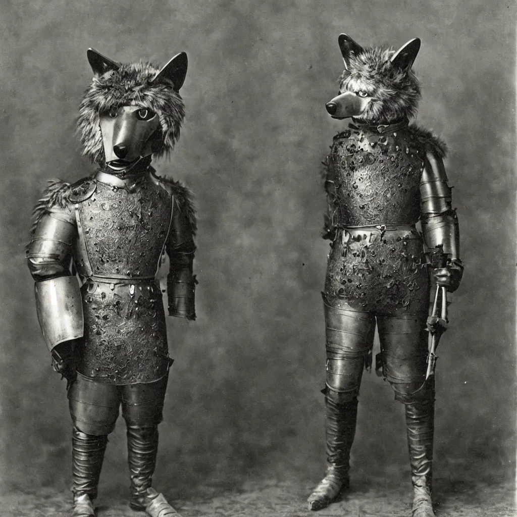 Image similar to anthropomorphic furry wolf in suit of armor, 1900s photograph