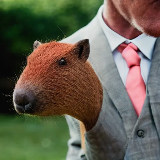 Image similar to smoking cigar, a man wearing a suit capybara head (smoking cigar)