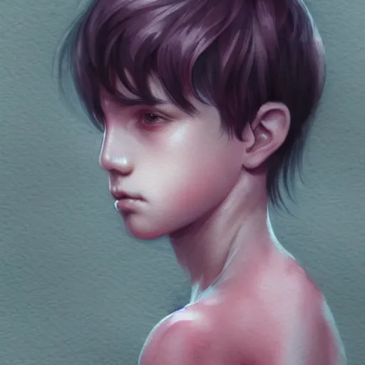 Image similar to young boy, black hair, serious eyes, pink eyes, gorgeous, amazing, delicate, elegant, intricate, highly detailed, watercolor, portrait, artstation, concept art, sharp focus, illustration, art by charlie bowater and Ross tran