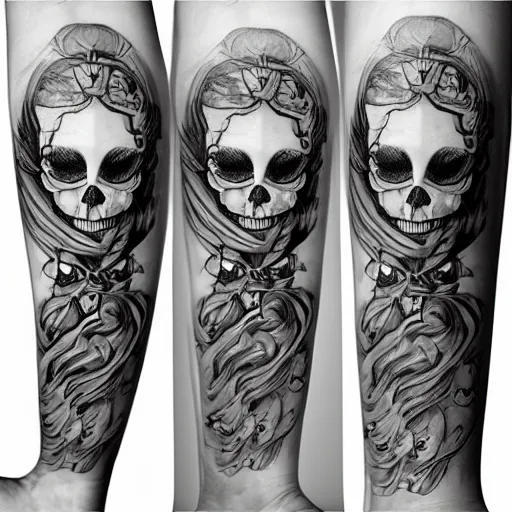 Image similar to anime manga skull portrait girl female tattoos skeleton illustration detailed style by Alphonse Mucha pop art nouveau detailed pattern