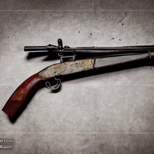 Prompt: Photo of a muzzle loaded flintlock AK-47 laid on a table, 4k, Forgotten Weapons, grey table background