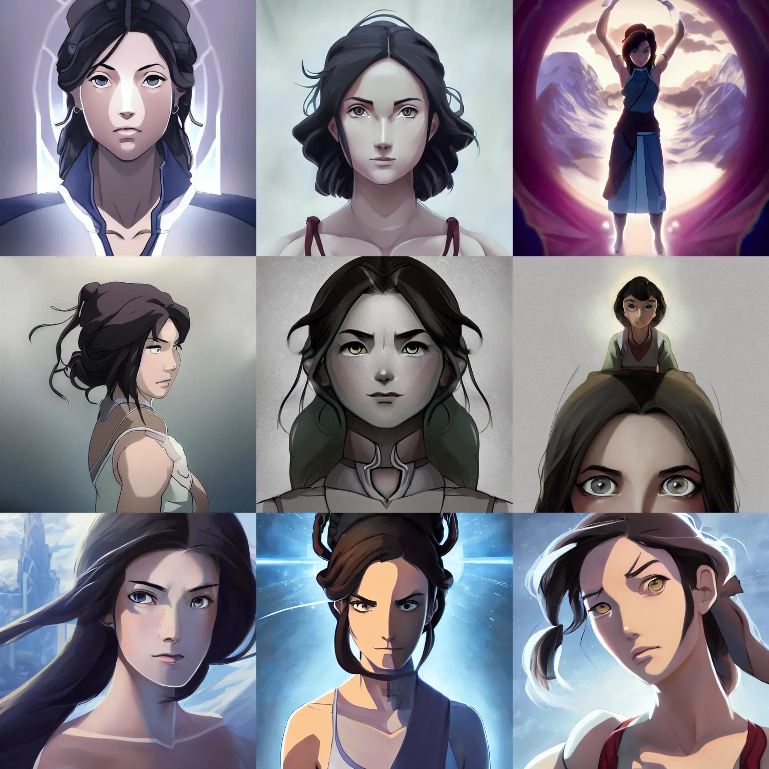 Image similar to centered detailed portrait of a korra, unrealistic character concept, beautiful comic korra, identical eyes, gazing eyes, beautiful eyes medium shot, elegant pose, fantasy, illustration, slender symmetrical face and body, artstation, cinematic lighting, hyperdetailed, cgsociety, 8k, high resolution, Charlie Bowater, Tom Bagshaw, single face, insanely detailed and intricate, octane render, golden ratio, dark fractal background, vfx, postprocessing, freckles, alluring.1.00, featured on behance, Trending on artstation, well-rendered. last airbender, water tribe