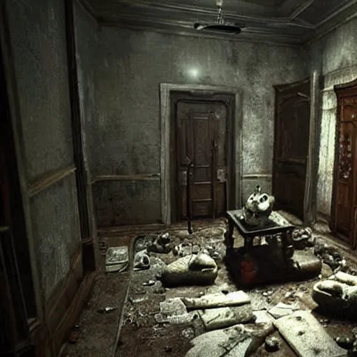 Prompt: room of a dark mansion, objects from ritual in the ground, realistic, highly detailed, background of resident evil game