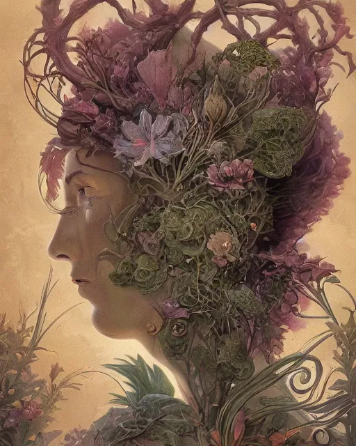 Prompt: centered beautiful detailed front view portrait of a woman with ornate greenery growing around, ornamentation, flowers, elegant, beautifully soft lit, full frame, by wayne barlowe, peter mohrbacher, kelly mckernan, roberto ferri