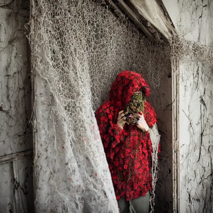 Image similar to a woman wearing a hooded cloak made of zinnias and barbed wire, in a derelict house, by Michela Riva, natural light, detailed face, CANON Eos C300, ƒ1.8, 35mm, 8K, medium-format print