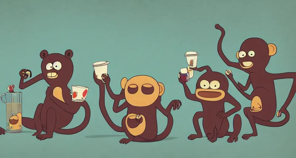 Image similar to cartoon monkeys drinking lots of coffee in the style of adventure time, the amazing world of gumball, pixar, toki doki, greg rutkowski and makoto shinkai, trending on artstation