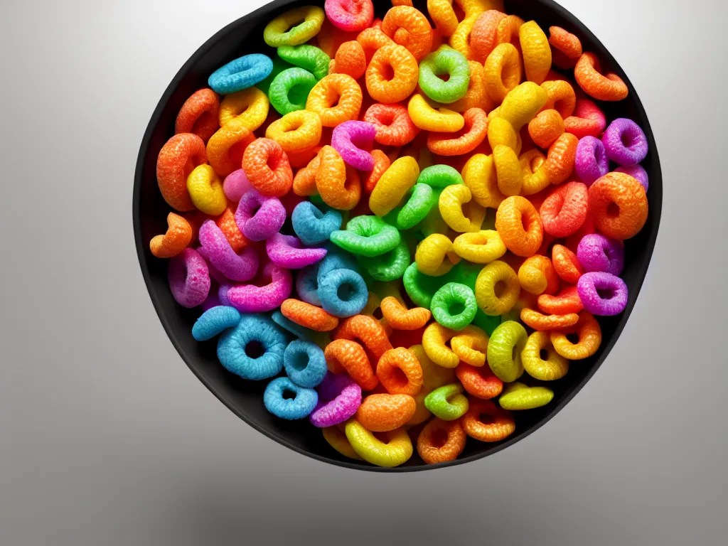 Image similar to bowl of fruit loops in milk, high realism, high contrast, bump map, crunchy, glossy, high detail, stylized, pixar, substance painter, octane render