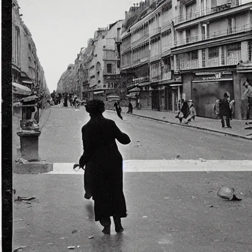 Prompt: a typical Parisian street of the future, in the foreground a man and a woman from behind, in the back at the bottom of the street a spaceship destroying buildings, war photo style, multiple details