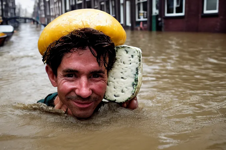 Prompt: closeup potrait of a man carrying a wheel of cheese over his head in a flood in Amsterdam, photograph, natural light, sharp, detailed face, magazine, press, photo, Steve McCurry, David Lazar, Canon, Nikon, focus