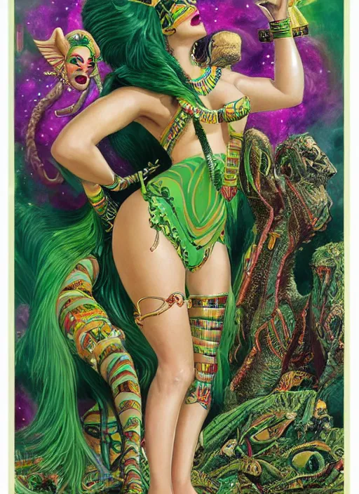 Prompt: green-haired woman with six arms, animal horns, psychedlic clothing, Egyptian makeup, detailed arms, detailed legs, detailed face, extremely detailed frontal declotage and thick flowing hair, Egyptian makeup, psychedelic clothing, american postcard art style, by Gil Elvgren, Julie Bell, krenz cushart, Greg Hildebrandt and Randolph Stanley Hewton, fantasy, intricate complexity, female facial structure, accurate human anatomy mixed with hyper-evolved alien and cyborg characteristics, sci-fi character concept, photorealism, splatter, bleed, epic clouds and lighting, hyperrealism, 8k
