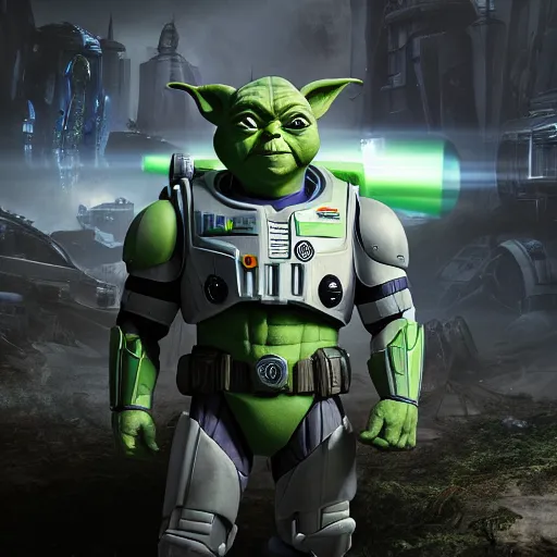 Prompt: yoda as buzz lightyear buzz lightyear in gears of war, splash art, movie still, cinematic lighting, dramatic, octane render, long lens, shallow depth of field, bokeh, anamorphic lens flare, 8 k, hyper detailed, 3 5 mm film grain