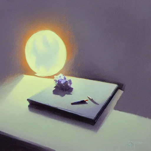 Prompt: crystal on a desk, painting, by greg rutkowski