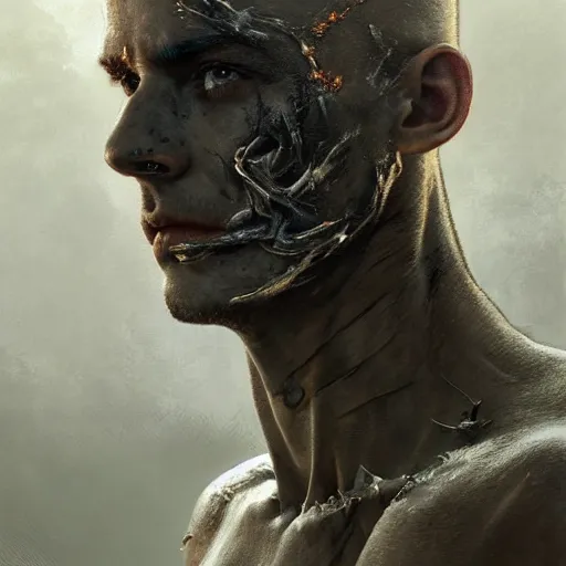 Image similar to portrait painting of young man with severe burn scars on his face and poorly shaved hair wearing tattered light armor, ultra realistic, concept art, intricate details, eerie, highly detailed, photorealistic, octane render, 8 k, unreal engine. art by artgerm and greg rutkowski and charlie bowater and magali villeneuve and alphonse mucha