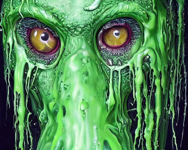 Image similar to Haunting horrifying hyperrealistic detailed painting of a tall slim spider canine creature made of slime, gelatinous green goop, heavy metal, disgusting, creepy, unsettling, and bloodshot eyeballs, hyper detailed, trending on Artstation